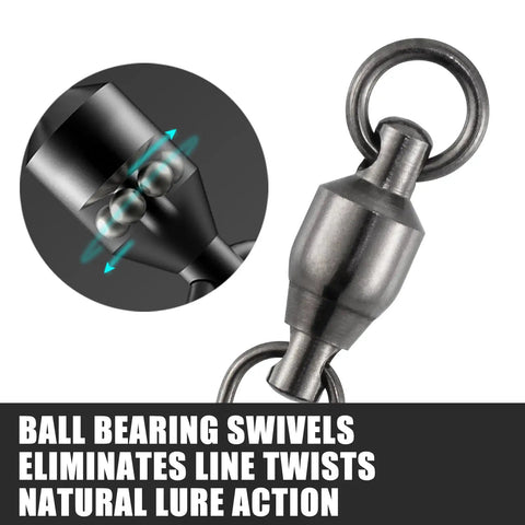 30 Pack Ball Bearing Snap Swivels for Fishing Tackle with Safety Interlock, saltwater and freshwater ready, stainless clip close-up