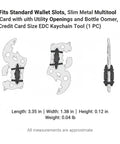 Compact Metal Multitool Card With Screwdriver And Bottle Opener For Wallet Or Bag shown with dimensions and design details