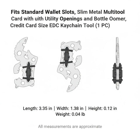 Compact Metal Multitool Card With Screwdriver And Bottle Opener For Wallet Or Bag shown with dimensions and design details