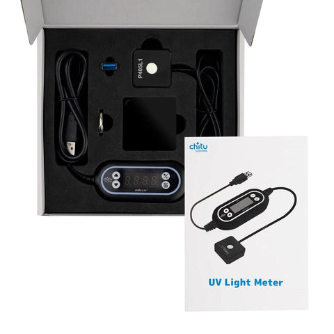 UV Light Meter Tool For 405nm Resin 3D Printers, High Accuracy Photopolymer Curing Meter, Pro Grade Quality, Wide 0 To 50000 uW Per cm2 Range, 130cm Data Cable, P405L1 Probe, 10mm Test Hole, GVBL-S12SD Sensor. In box with cable and probe.