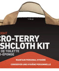 Packable Micro-Terry Washcloth Kit For Travel With Two 10x10 Cloths In OD Green And Sand in beige pouch showing front label and zipper