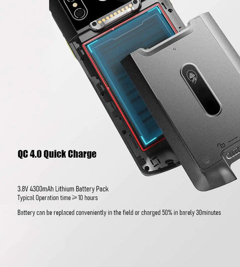 Rugged Android 9.0 Handheld Computer battery and cover showing 4300mAh lithium battery pack for warehouse inventory and asset tracking