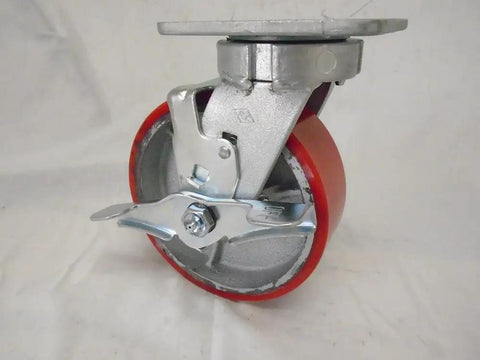 Rock Solid Smooth Riding 6 Inch Polyurethane Swivel Casters With Top Lock Brakes And Steel Cores 1200 Pounds Capacity each red wheel close-up view