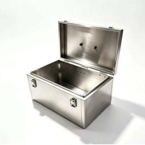 Bulletproof Industrial Stainless Steel Tool Box Heavy Duty Portable Metal Storage Crate with open lid and latch.