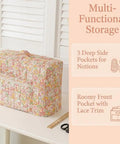 Floral Quilted Sewing Machine Cover With Storage Pockets And Quilted Floral Dust Cover Foldable Fabric Storage Basket on sewing table.