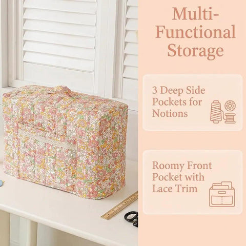 Floral Quilted Sewing Machine Cover With Storage Pockets And Quilted Floral Dust Cover Foldable Fabric Storage Basket on sewing table.