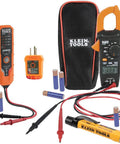 Voltage Test Kit With Clamp Meter And Leads, Auto-Ranging AC DC Voltage, and testers with pouch and batteries shown