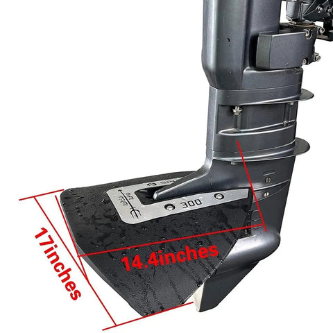 Sport-300 Whale Tail HydroFoil Stabilizer mounted on outboard motor showing dimensions for Yamaha Suzuki Johnson stern drives