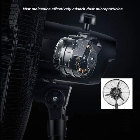 Close-up of Heavy Duty Outdoor Misting Floor Fan motor highlighting three speed settings for backyard cooling.