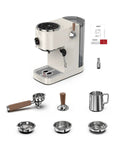 Solid Build Semi Automatic Espresso Machine With 58mm Portafilter And Dual Boiler For A Hit The Spot Nine Bar Pull Compact Countertop Coffee Maker With Steam Wand, showcasing portafilter and accessories.