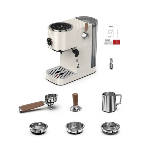 Solid Build Semi Automatic Espresso Machine With 58mm Portafilter And Dual Boiler For A Hit The Spot Nine Bar Pull Compact Countertop Coffee Maker With Steam Wand, showcasing portafilter and accessories.