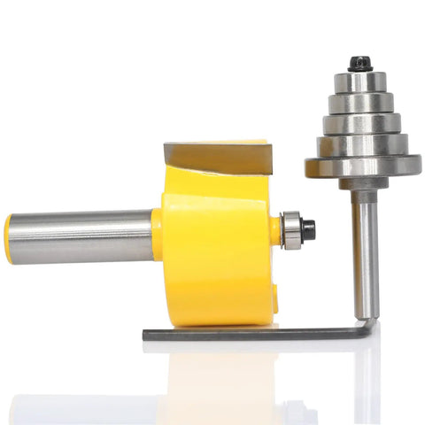 Top Shelf Rabbet Router Bit Set With Six Interchangeable Guide Rollers And Half Inch Shank, yellow and steel design for woodworking.