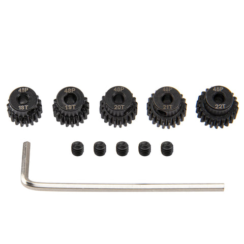 Five Pack 48P Pinion Gear Sets 18T 19T 20T 21T 22T For 3.175mm Shafts Hardened Steel Beefed Up Build for RC Cars with tool and screws