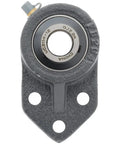 Rock Solid Heavy Duty Three Bolt Flange Mount Ball Bearing Insert Unit With Rugged Cast Iron Housing and Tight Set Screw Locking For Industrial Machinery, top view.