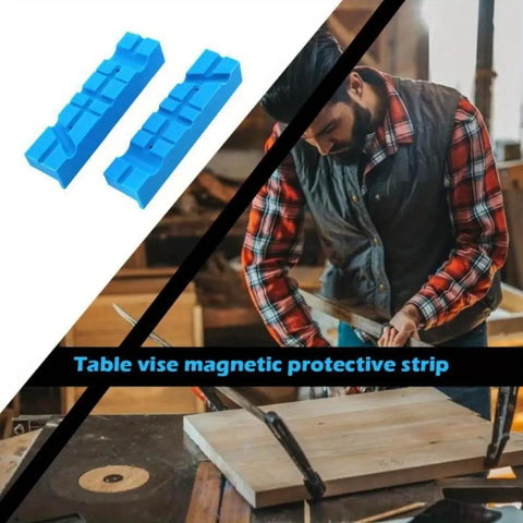 Magnetic Bench Vise Jaw Pads 2 Pack With Multi Groove Grips Vise Holder Protectors in use and a woodworker at bench