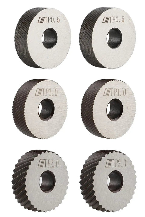 Diagonal Dual Wheel Knurling Tool Set With Interchangeable Wheels For 0.5mm, 1mm, And 2mm Knurling wheels displayed in rows