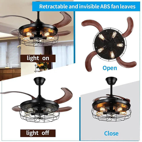 42 Inch Ceiling Fan With Lights Remote Control And Retractable Blades In Vintage Industrial Cage Black Finish Dope Quiet Copper Motor