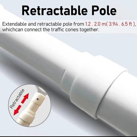 Close-up of a white 1.2 to 2.0m retractable pole for Ten Piece Blue Retractable Traffic Cone Connector Bars Rock Solid PVC Bar Links Zero Nonsense Setup For Parking Lots Construction Zones And Crowd Control Dividers.