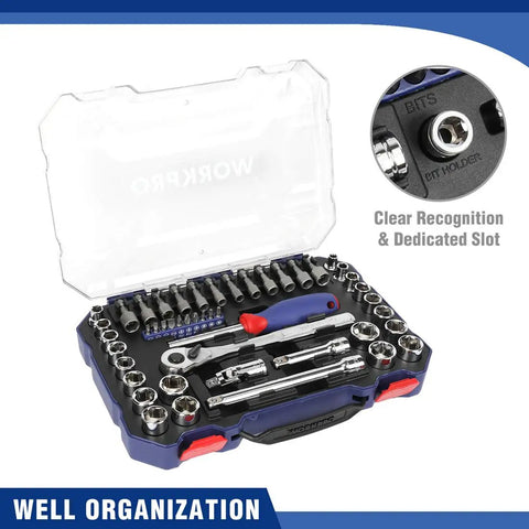 Three Eighths Inch Drive Socket Set Forty Seven Piece With Quick Release Ratchet for Auto Repairs shown in open case