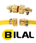 Four Piece Brass Garden Hose Repair Kit With Clamps For Half Inch Hoses Includes Three Quarter Inch GHT Male And Female Adapters Barb To GHT Fittings Plus Extra Rubber Gasket For No Leak Quick Fix, shown with a yellow hose and clamps.