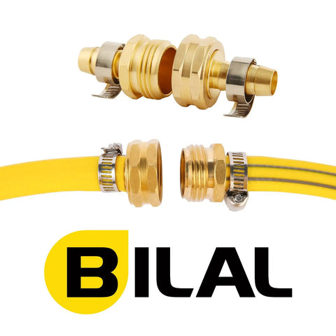 Four Piece Brass Garden Hose Repair Kit With Clamps For Half Inch Hoses Includes Three Quarter Inch GHT Male And Female Adapters Barb To GHT Fittings Plus Extra Rubber Gasket For No Leak Quick Fix, shown with a yellow hose and clamps.