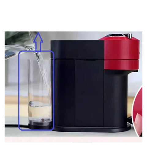 Water Tank Cap Spare Parts For Nespresso And Vertuo Coffee Machines shown next to espresso maker with water pouring