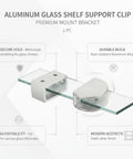 Glass Shelf Clip Clamp For 4 To 20mm Glass Thickness, Aluminum Silver Mount Bracket, shown securing a glass shelf.