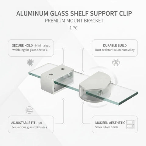 Glass Shelf Clip Clamp For 4 To 20mm Glass Thickness, Aluminum Silver Mount Bracket, shown securing a glass shelf.