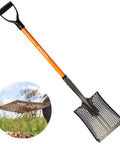 Sand Sifting Shovel With Orange Fiberglass Handle Built Tough For Rocks Chicken Coop Debris Soil And Beach Cleanup, slotted steel blade