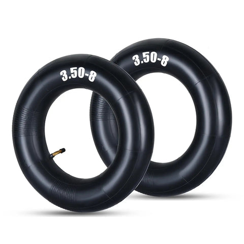 Two Pack 3.50-8 Inner Tubes With TR-87 Valve Stem For Small Utility Equipment, Fits 8-Inch Rims, displayed together
