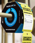 Safety Tags By The Roll Caution Barricade OSHA Compliant Waterproof PF Cardstock Tear Resistant Six And A Quarter Inch Dispenser Included Tar 160 American Made Signs And Labels For Work Sites