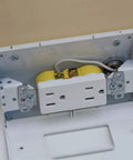 Under Cabinet Power Distribution Box Slim Fit White Metal For TV DVD And Security Systems, installed with wiring visible
