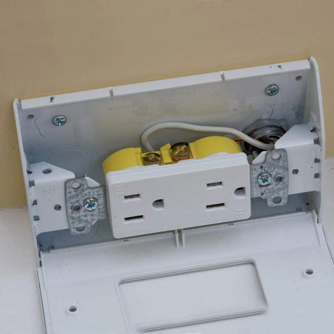 Under Cabinet Power Distribution Box Slim Fit White Metal For TV DVD And Security Systems, installed with wiring visible