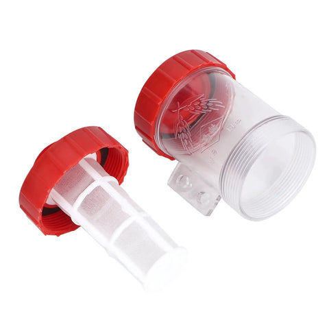 Inline Mesh Water Screen For Garden Irrigation And Crop Spray High Flow Transparent Pump Screen with red threaded fittings
