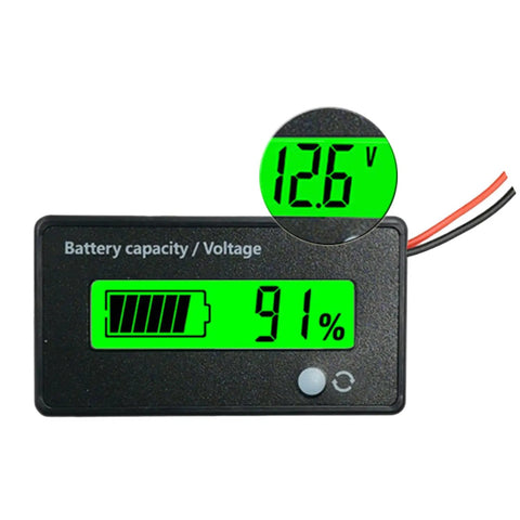 DC 12V 24V 36V 48V 72V Battery Meter And Capacity Voltage Monitor With 3 In 1 Function And Low Battery Alarm For Cars Boats RVs Trucks And Solar Setups Real Time Voltage And Capacity Readout, green LCD showing 91% and 12.6V