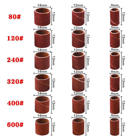 All In One Rotary Sanding Drum Kit With 432 Sanding Sleeves, 24 Mandrels, And 2 Self Tightening Drill Chucks showing sleeve sizes and grits