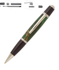 Gatsby Grande Twist Ballpoint Pen Kit Starter Pack For Woodturning, shown with components and green woodturning blank, gold finish.