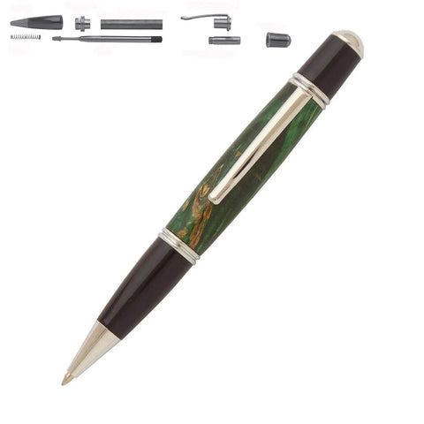 Gatsby Grande Twist Ballpoint Pen Kit Starter Pack For Woodturning, shown with components and green woodturning blank, gold finish.