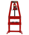 Heavy Duty Hydraulic Shop Press Pumpin 20 Ton Force With An Adjustable A Frame Rig and smooth moving plates in red.