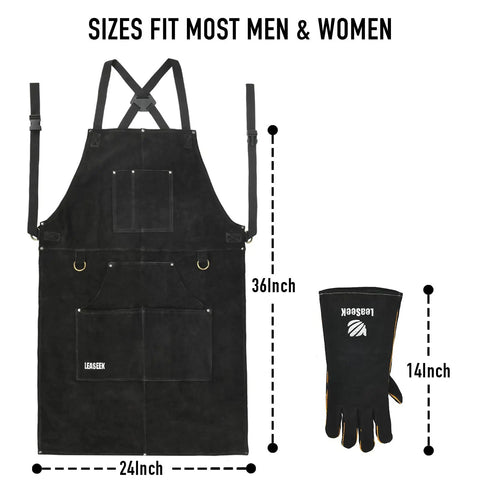 Heavy Duty Leather Welding Apron With Heat and Flame Resistant Protection, Forge Grade Cowhide, 24x36 Inch with gloves