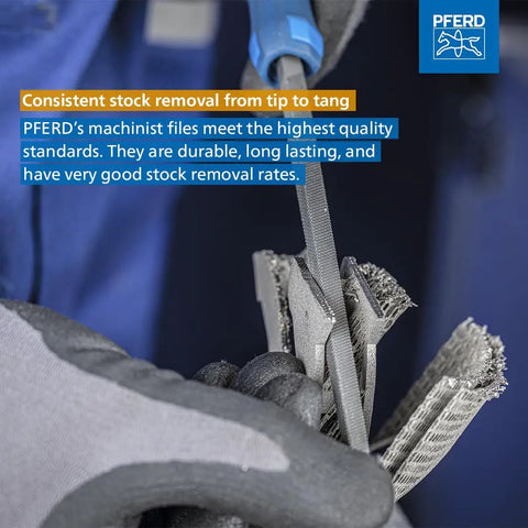 5 Piece 8 Inch Machinist File Set With Bastard Coarse Cut Ergonomic Handles shown in use on metallic surface
