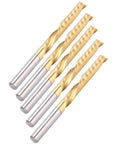 Five Piece Spiral End Mills Set, Single Flute HSS 4x28x50mm With Coating For CNC Milling Machines, showing ultra polished cutting bits