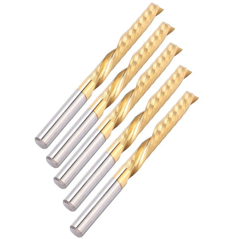 Five Piece Spiral End Mills Set, Single Flute HSS 4x28x50mm With Coating For CNC Milling Machines, showing ultra polished cutting bits