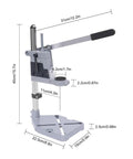 Universal Drill Press Stand With Aluminum Base For Desktop Workbench Clamp Holder, dimensions shown for precise drilling setup.