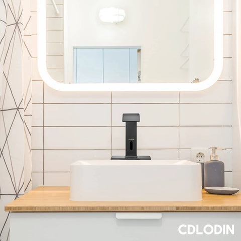 Touchless Sensor Bathroom Faucet With Automatic Waterfall Flow Matte Black Stainless Hands Free 1 Hole Install Battery Powered