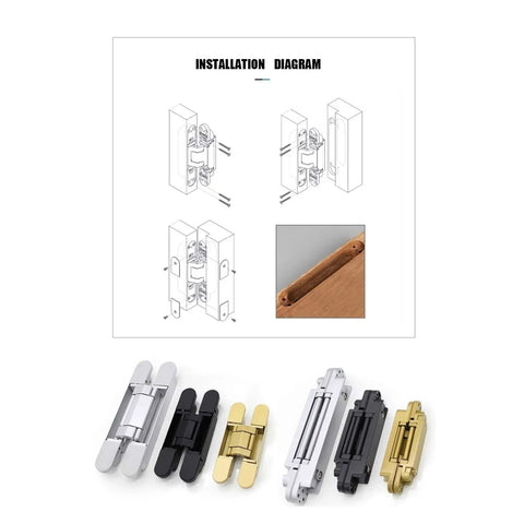 Beefy 6 Inch Hidden Door Hinge Set Concealed Zinc Alloy With Silent Hydraulic Buffer, installation guide and color options