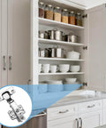 Open white kitchen cabinet with pots, dishes, and 4 Pack Concealed Kitchen Cabinet Hinges With Full Overlay Alignment 105 Degree Soft Close Adjustable Includes 24 Mounting Screws For Easy Install Two Pairs Per Pack inset image
