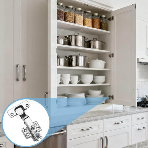 Open white kitchen cabinet with pots, dishes, and 4 Pack Concealed Kitchen Cabinet Hinges With Full Overlay Alignment 105 Degree Soft Close Adjustable Includes 24 Mounting Screws For Easy Install Two Pairs Per Pack inset image