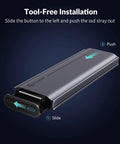 Sleek External NVMe SSD Enclosure With Thunderbolt 4 And USB4 Ports showing tool-free installation steps with slide button design.