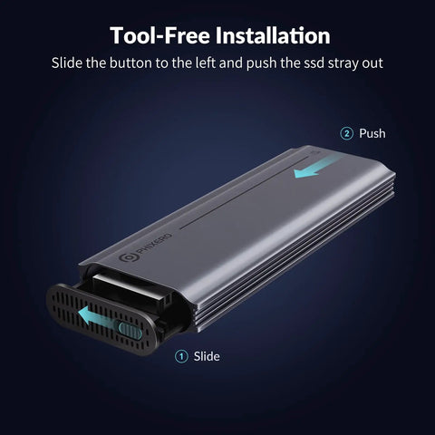 Sleek External NVMe SSD Enclosure With Thunderbolt 4 And USB4 Ports showing tool-free installation steps with slide button design.